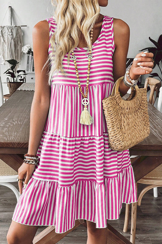 Rose Stripe U Neck Sleeveless Loose Fit Mini Dress Dresses JT's Designer Fashion