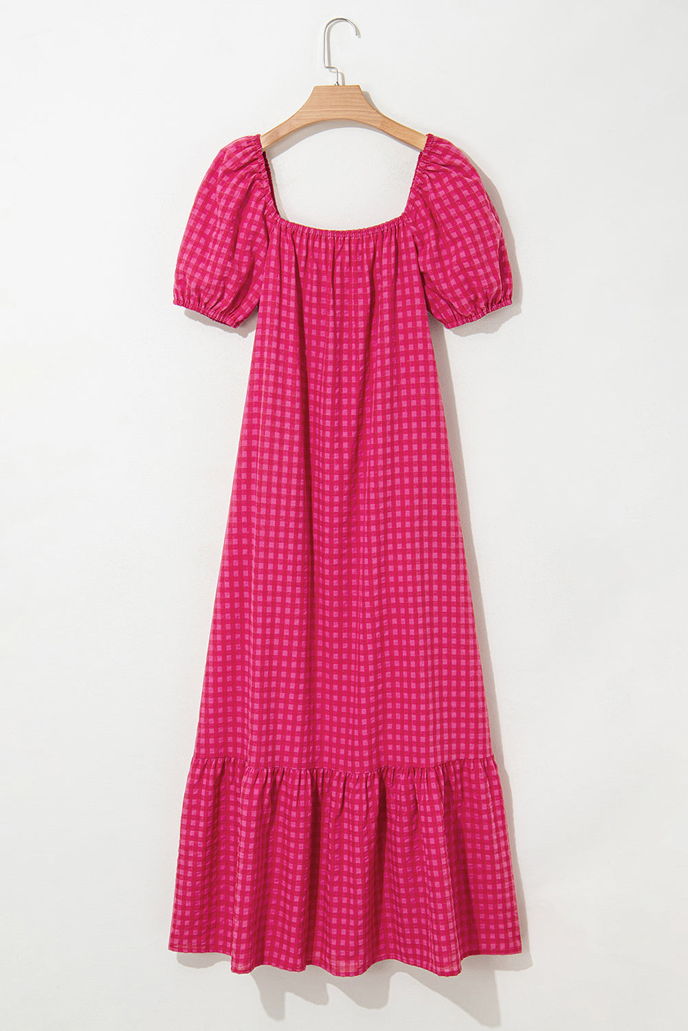 Rose Ginham Check Bubble Sleeve Ruffled Long Dress Maxi Dresses JT's Designer Fashion