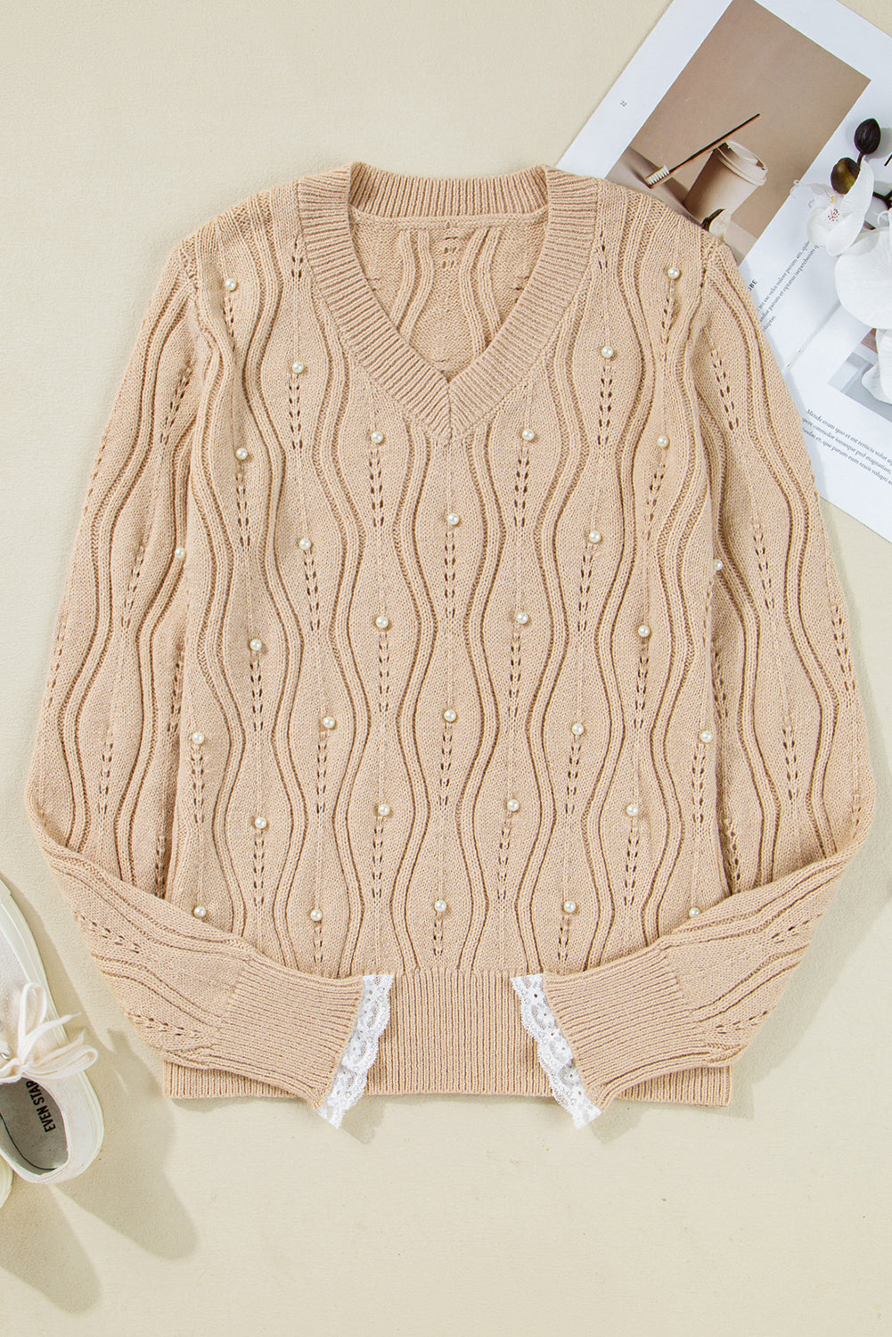 Smoke Gray Pearl Beaded Pointelle Knit V Neck Lace Patchwork Sleeve Sweater Sweaters JT's Designer Fashion