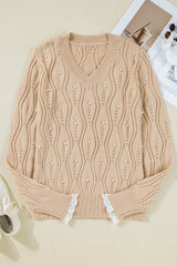 Smoke Gray Pearl Beaded Pointelle Knit V Neck Lace Patchwork Sleeve Sweater Sweaters JT's Designer Fashion
