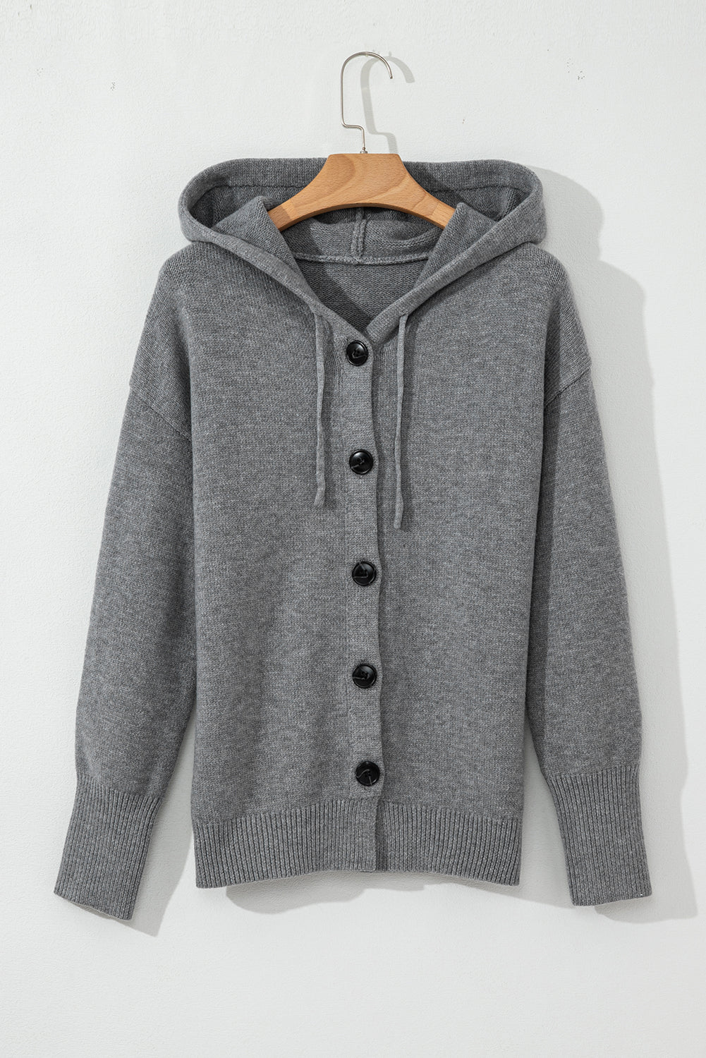 Medium Grey Drawstring Hooded Button Up Drop Shoulder Sweater Cardigan Cardigans JT's Designer Fashion