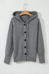 Medium Grey Drawstring Hooded Button Up Drop Shoulder Sweater Cardigan Cardigans JT's Designer Fashion