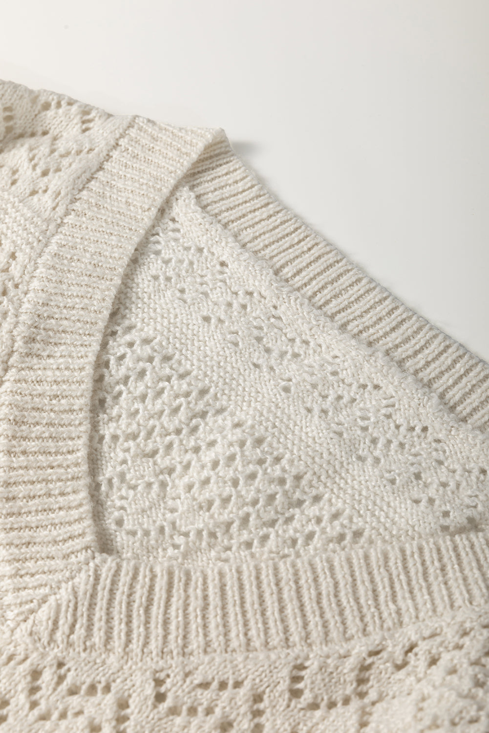 White Eyelet Pattern Detail V Neck Drop Shoulder Sweater Sweaters JT's Designer Fashion