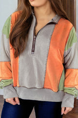 Light Grey Color Block Stitching Detail Half Zipper Sweatshirt Sweatshirts & Hoodies JT's Designer Fashion