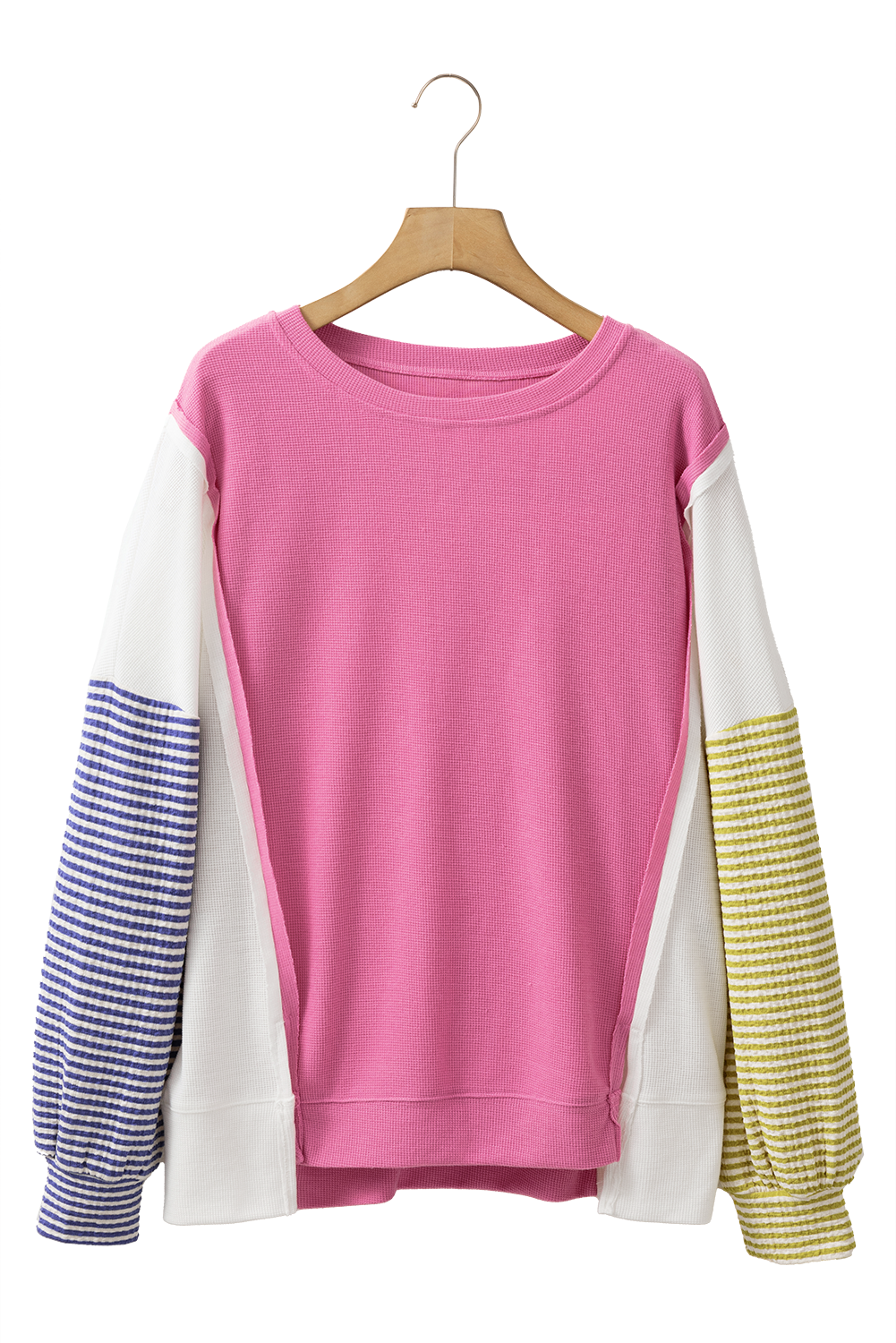 Sachet Pink Exposed Seam Striped Color Block Patchwork Long Sleeve Top Long Sleeve Tops JT's Designer Fashion