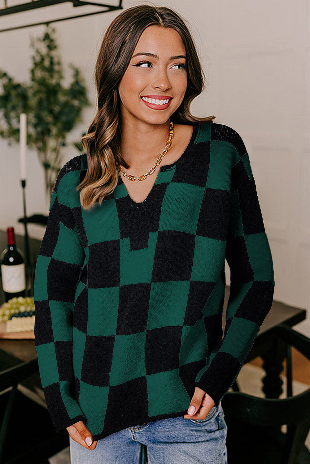 Green Checked Notched Neckline Drop Shoulder Knit Sweater Sweaters JT's Designer Fashion