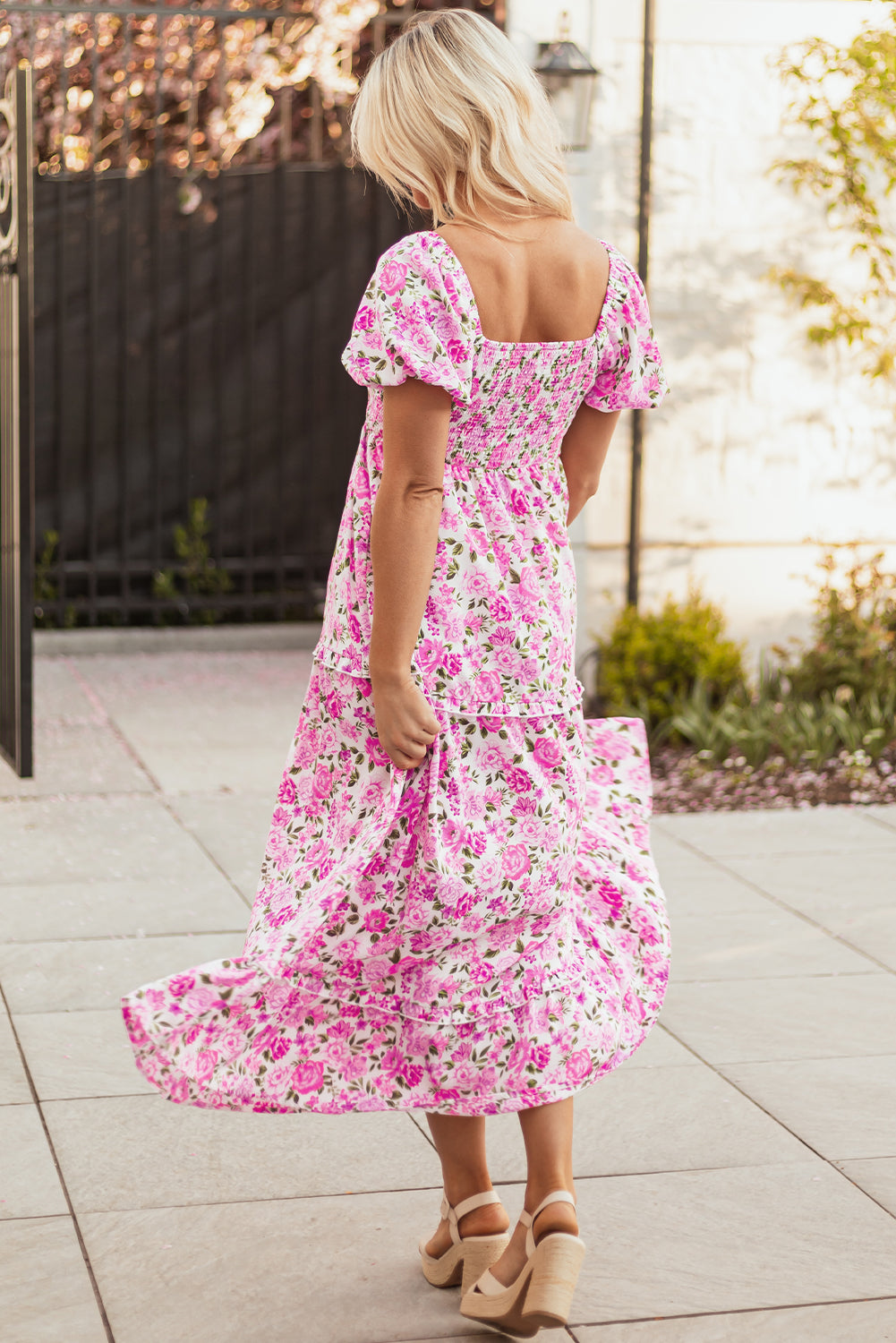 Pink Dainty Floral Smocked Puff Sleeve Flowy Long Dress Maxi Dresses JT's Designer Fashion
