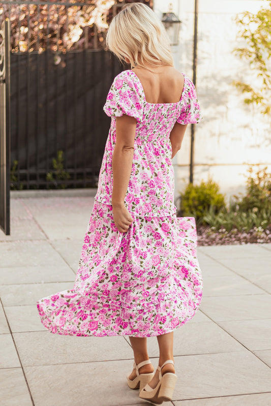 Pink Dainty Floral Smocked Puff Sleeve Flowy Long Dress Maxi Dresses JT's Designer Fashion