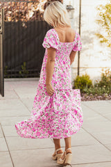 Pink Dainty Floral Smocked Puff Sleeve Flowy Long Dress Maxi Dresses JT's Designer Fashion