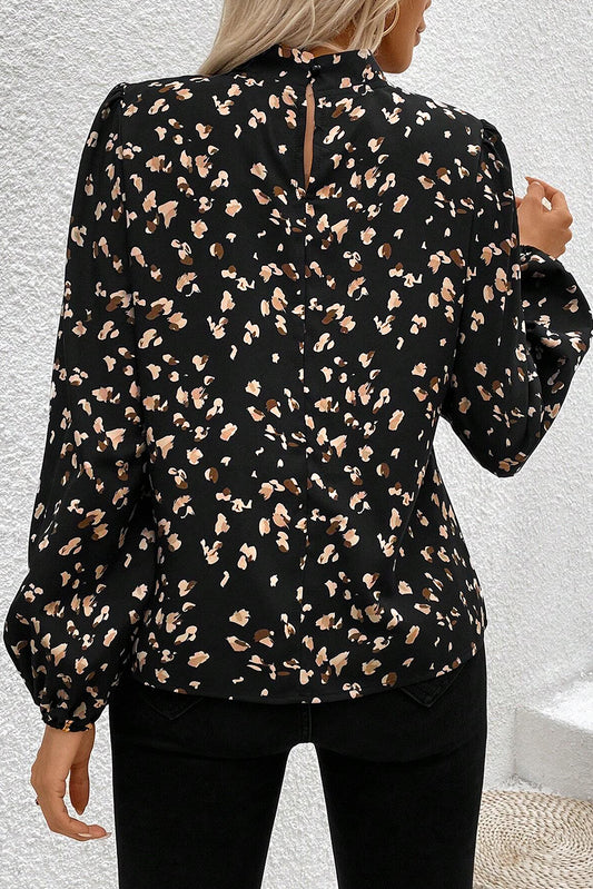 Black Leopard Print Lantern Sleeve Mock Neck Pleated Blouse Blouses & Shirts JT's Designer Fashion