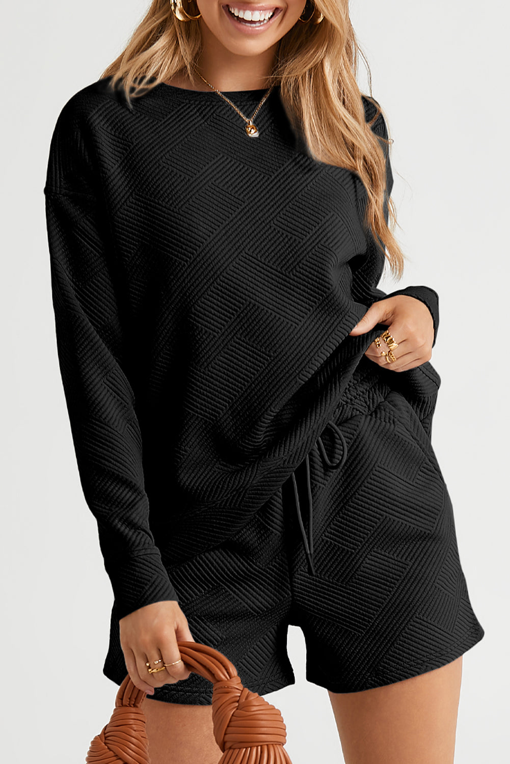 Black Textured Long Sleeve Top and Drawstring Shorts Set Black 95%Polyester+5%Elastane Short Sets JT's Designer Fashion
