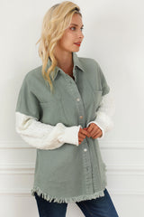 Green Cable Knit Sleeve Raw Hem Shacket Jackets JT's Designer Fashion