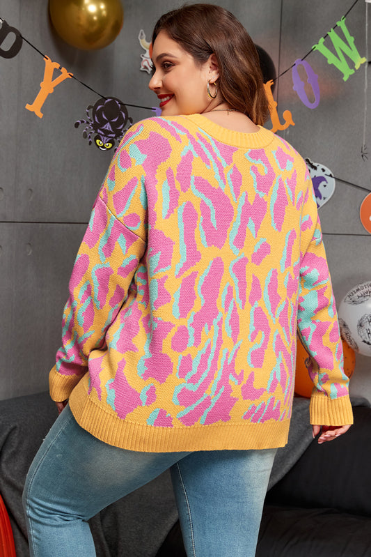 Bright Pink Plus Size Leopard Ribbed Trim Sweater Plus Size Sweaters & Cardigans JT's Designer Fashion