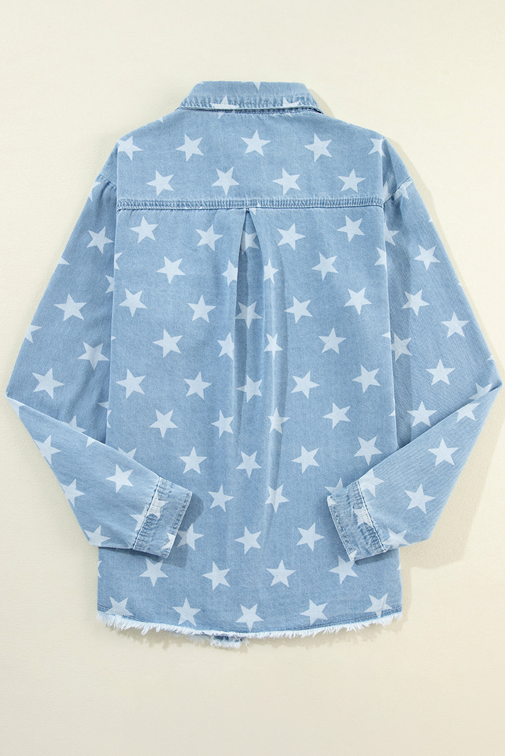 Sky Blue Star Print Light Wash Raw Hem Denim Jacket Denim Jackets JT's Designer Fashion