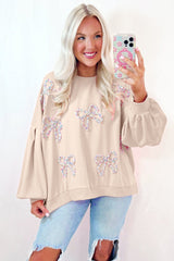 Parchment Embroidered Bow Lantern Sleeve Oversized Pullover Sweatshirt Sweatshirts & Hoodies JT's Designer Fashion