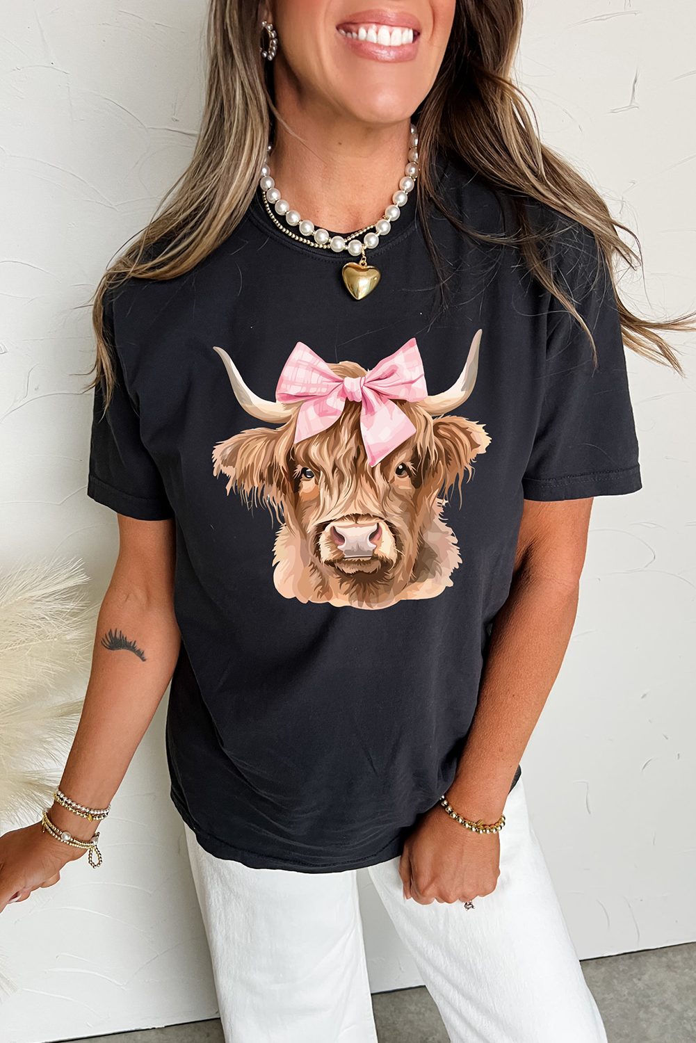 Black Bow Cow Head Graphic Western Fashion T Shirt Graphic Tees JT's Designer Fashion