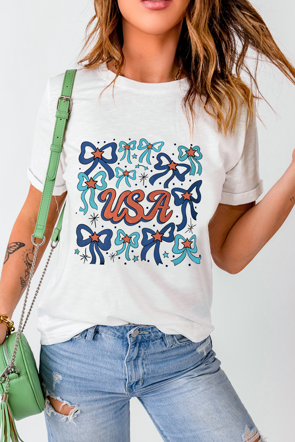 White USA Bowknot Graphic Tee Graphic Tees JT's Designer Fashion