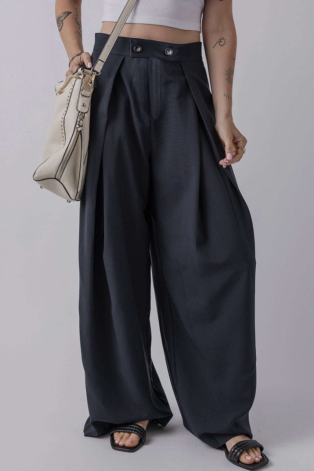 Dirty blue Dual Buttoned High Waist Pleated Wide Leg Pants Pants & Culotte JT's Designer Fashion