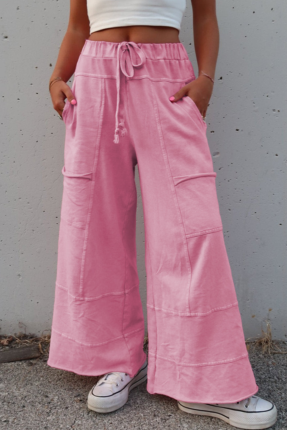 Bonbon Mineral Wash Exposed Seam Drawstring High Waist Wide Leg Cargo Pants Bonbon 100%Cotton Casual Shorts JT's Designer Fashion