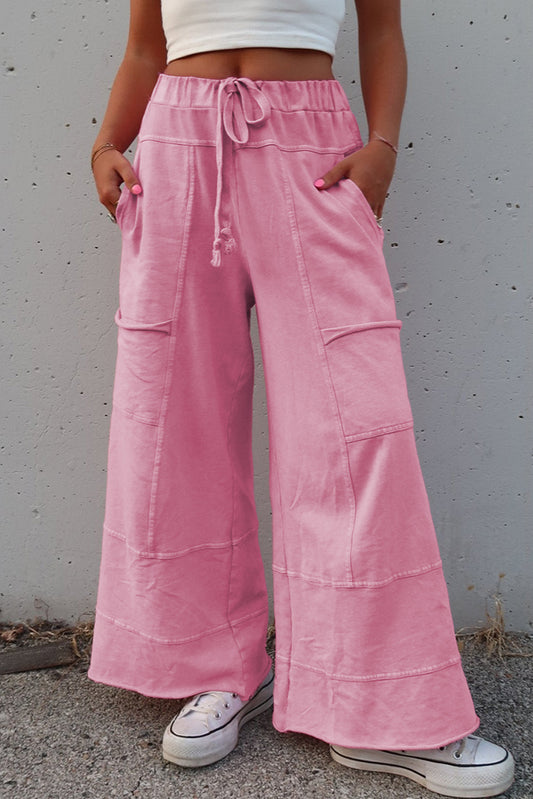 Bonbon Mineral Wash Exposed Seam Drawstring High Waist Wide Leg Cargo Pants Bonbon 100%Cotton Casual Shorts JT's Designer Fashion