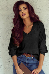 Black Eyelet Pattern Detail V Neck Drop Shoulder Sweater Sweaters JT's Designer Fashion