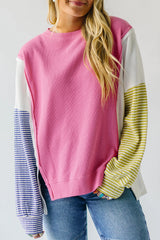 Sachet Pink Exposed Seam Striped Color Block Patchwork Long Sleeve Top Long Sleeve Tops JT's Designer Fashion