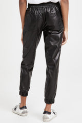 Black Faux Leather Ankle Smocked Waist Drawstring Joggers Pants & Culotte JT's Designer Fashion