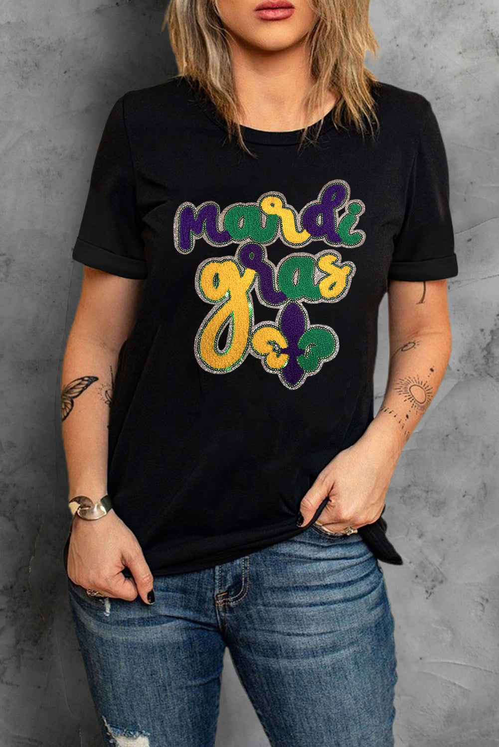 Black Chenille Mardi Gras Letter Graphic Tee Graphic Tees JT's Designer Fashion