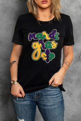 Black Chenille Mardi Gras Letter Graphic Tee Graphic Tees JT's Designer Fashion