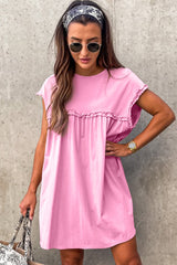 Pink Frilled Trim Crew Neck Loose Fit Mini Dress Mini Dresses JT's Designer Fashion