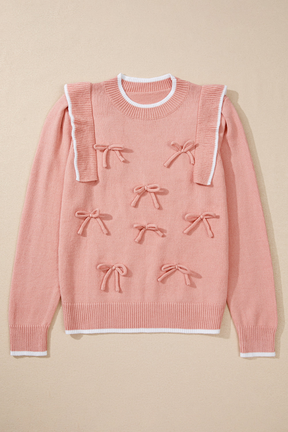 Light Pink Ruffled Bowknot Ribbed Trim Long Sleeve Sweater Sweaters JT's Designer Fashion