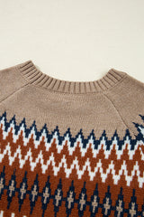 Khaki Aztec Print Colorblock Crew Neck Sweater Sweaters JT's Designer Fashion