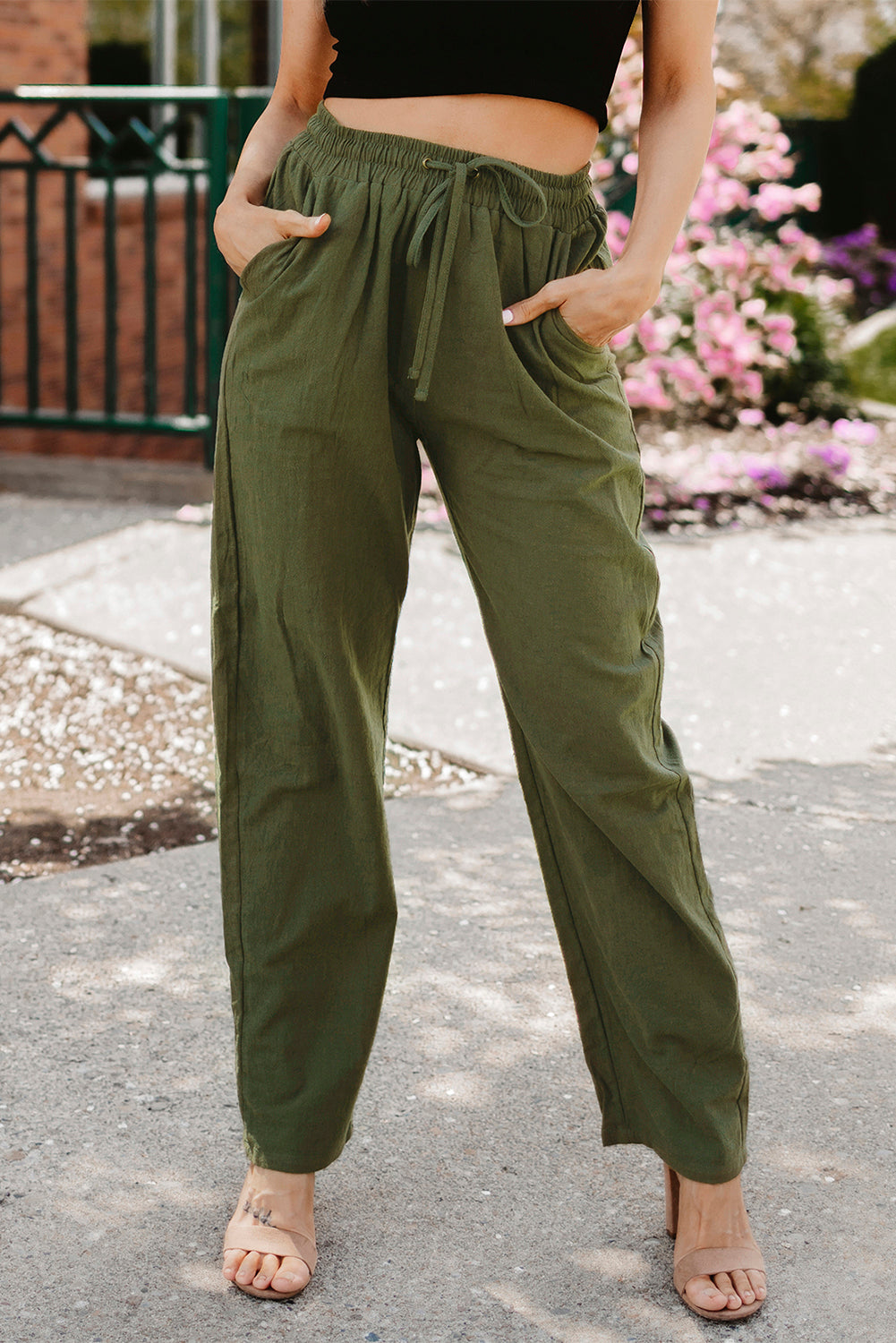 Green Drawstring Elastic Waist Pockets Long Straight Legs Pants Pants & Culotte JT's Designer Fashion