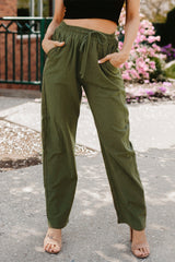 Green Drawstring Elastic Waist Pockets Long Straight Legs Pants Pants & Culotte JT's Designer Fashion