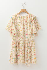 Apricot Boho Floral Tassel Tie V Neck Ruffle Wide Sleeve Mini Dress Floral Dresses JT's Designer Fashion