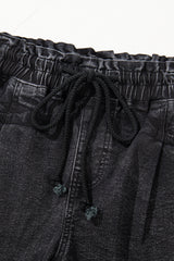 Black Drawstring High Waist Casual Denim Shorts with Pockets Denim Shorts JT's Designer Fashion