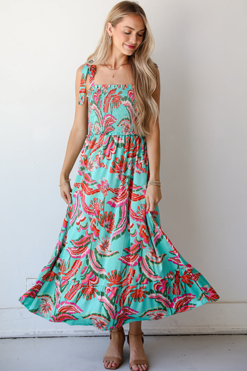 Green Abstract Print Smocked Bodice Knotted Straps Ruffled Long Dress Maxi Dresses JT's Designer Fashion