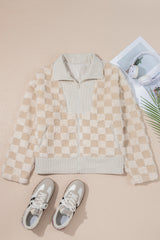 Khaki Checker Sherpa Corduroy Patchwork Zip up Collared Jacket Jackets JT's Designer Fashion