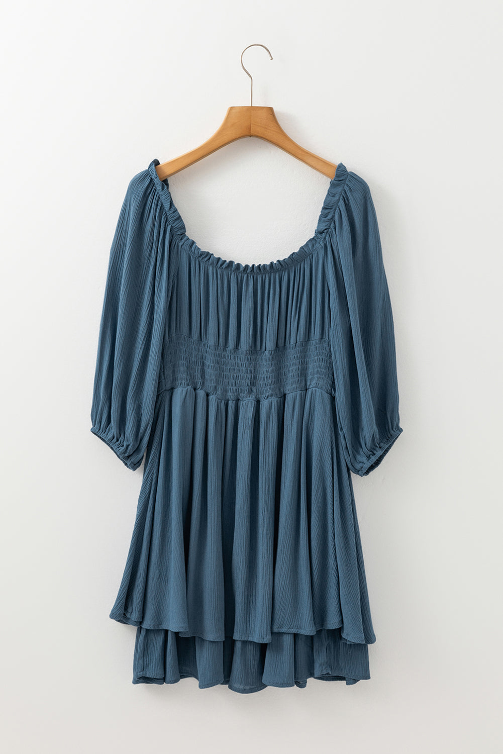 Real Teal Frilled Neckline 3/4 Sleeve Layered Ruched Mini Dress Mini Dresses JT's Designer Fashion
