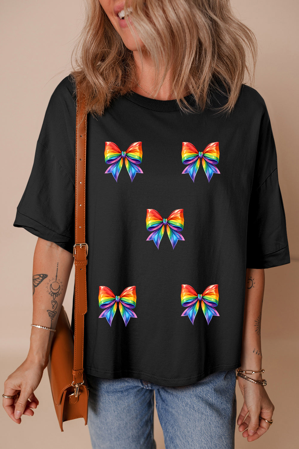 Black Pride Bow Print Oversize Cotton T Shirt Graphic Tees JT's Designer Fashion