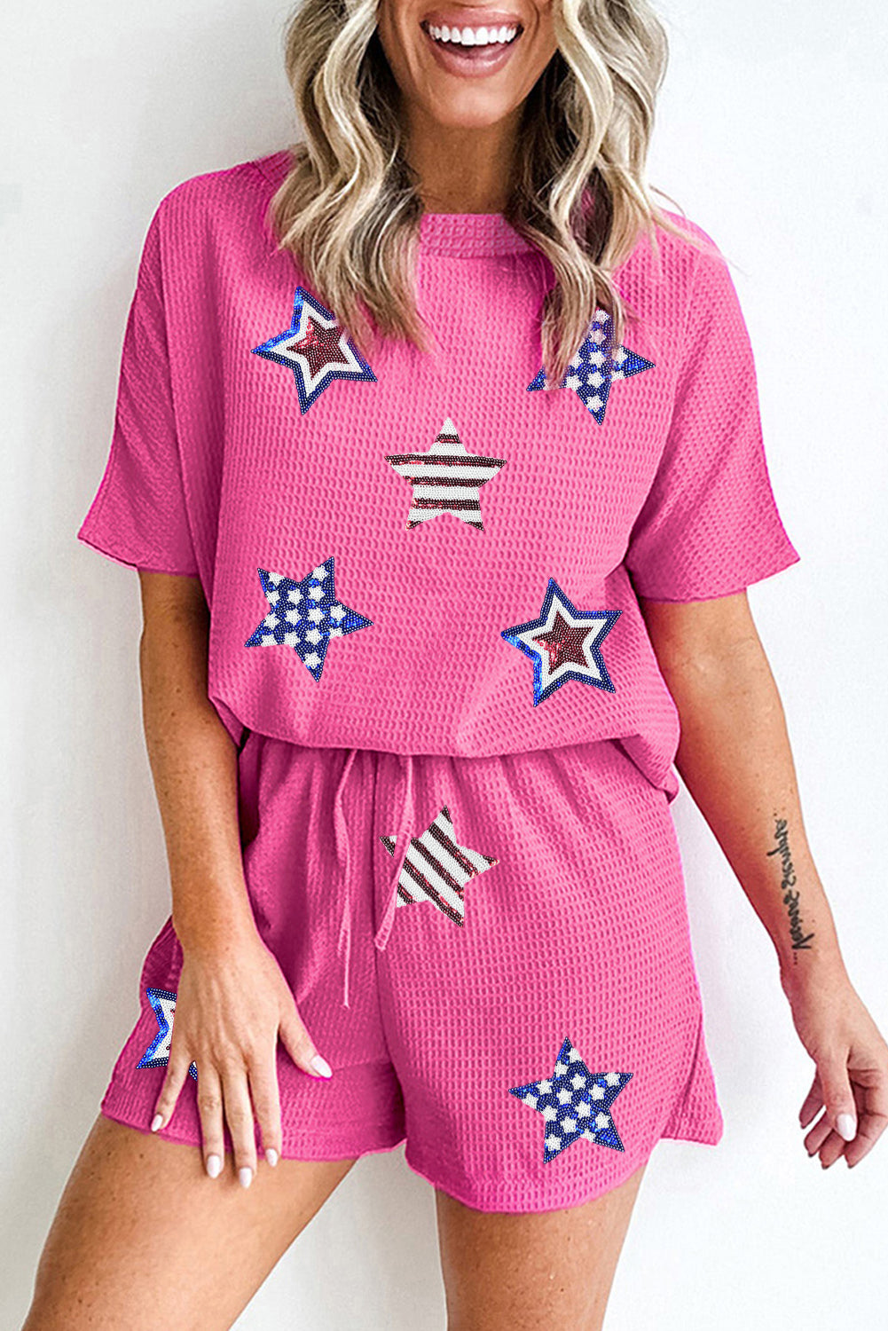 Rose Red Waffle Sequin American Flag Star Graphic 2 Piece Shorts Set Rose Red 75%Polyester+25%Viscose Graphic Sets JT's Designer Fashion