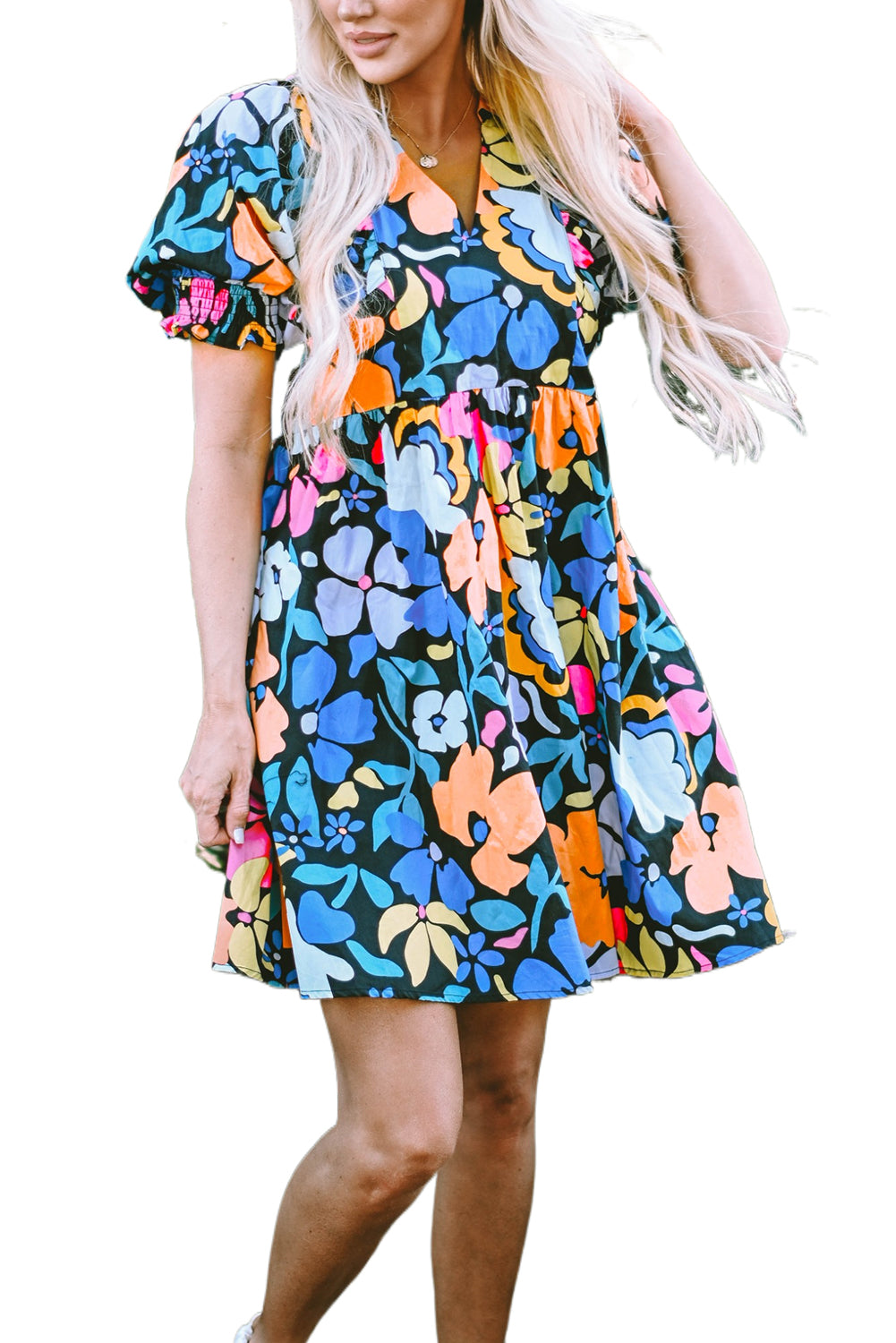 Blue Collared Split Neck Floral Flared Dress Floral Dresses JT's Designer Fashion