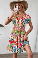 Sky Blue Abstract Print V Neck Dolman Sleeve Ruffle Tiered Mini Dress Dresses JT's Designer Fashion