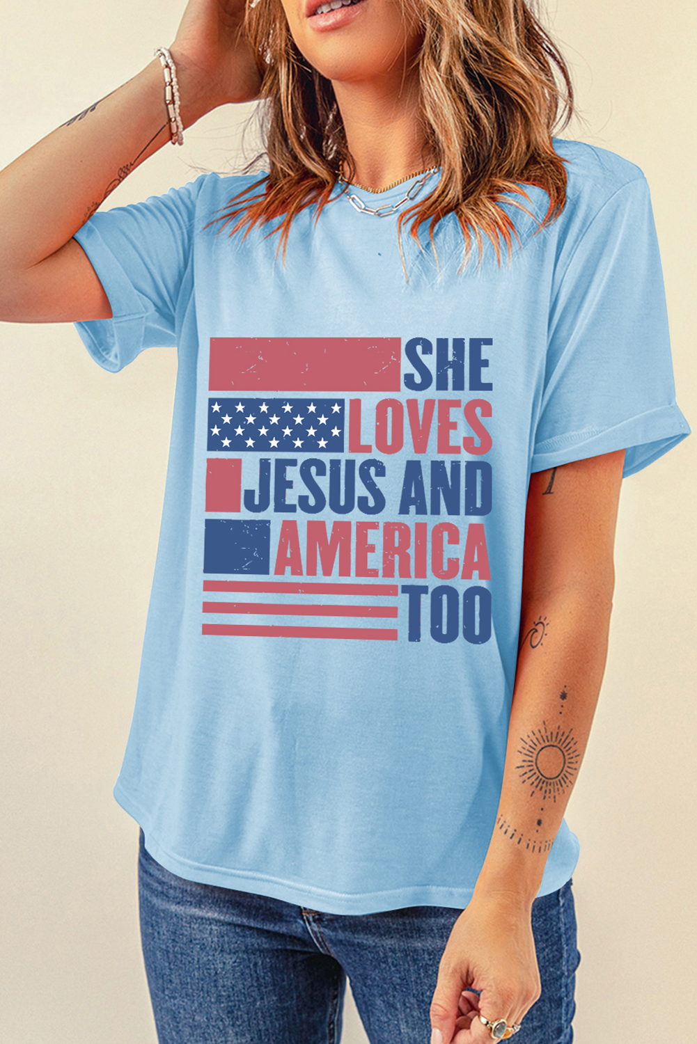 Light Blue SHE LOVES JESUS AND AMERICA TOO Flag Graphic T Shirt Graphic Tees JT's Designer Fashion