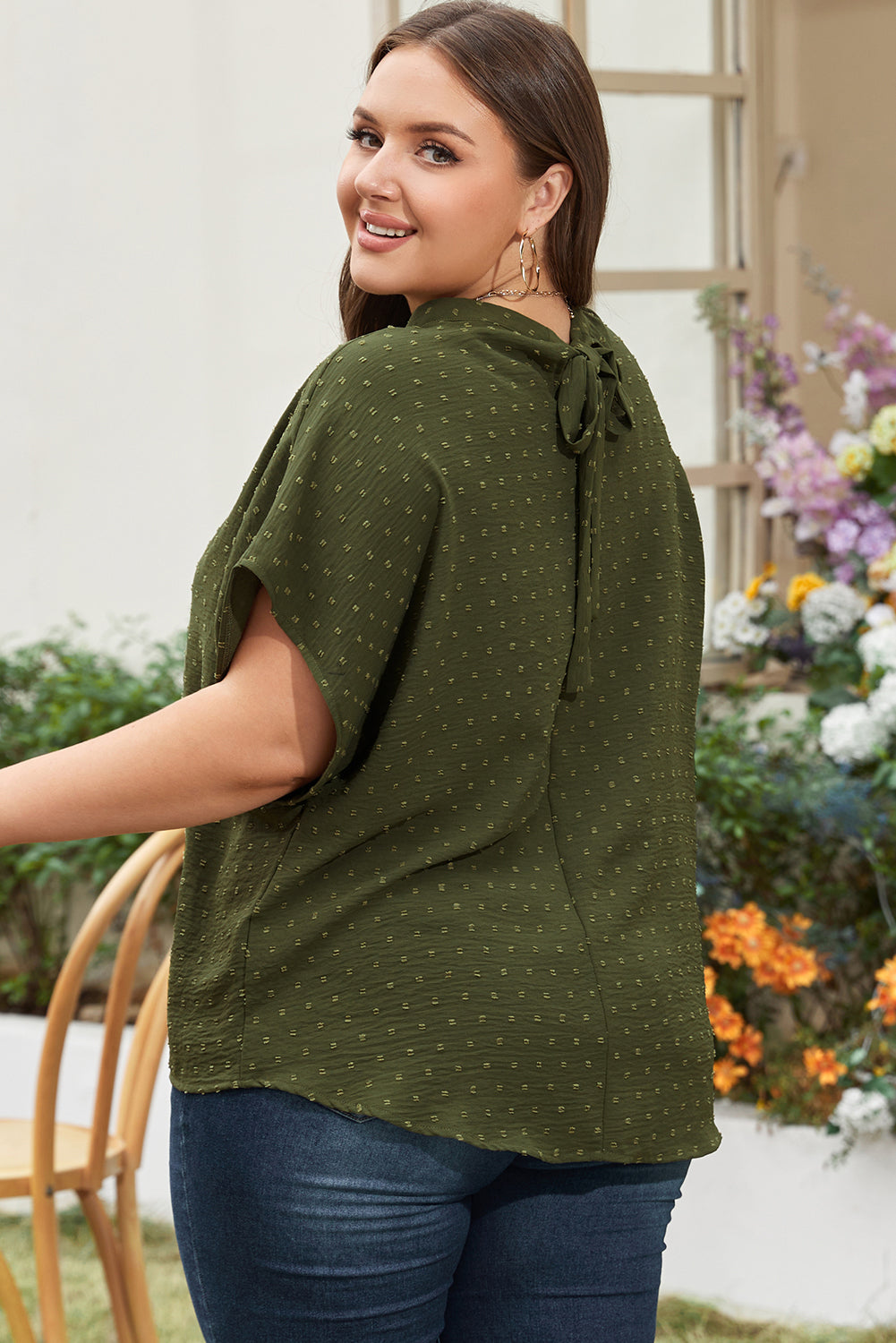 Moss Green Mock Neck Tied Nape Swiss Dot Plus Size Top Plus Size JT's Designer Fashion