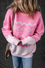 Pink Western Aztec Geometric Drop Shoulder Sweater Sweaters JT's Designer Fashion