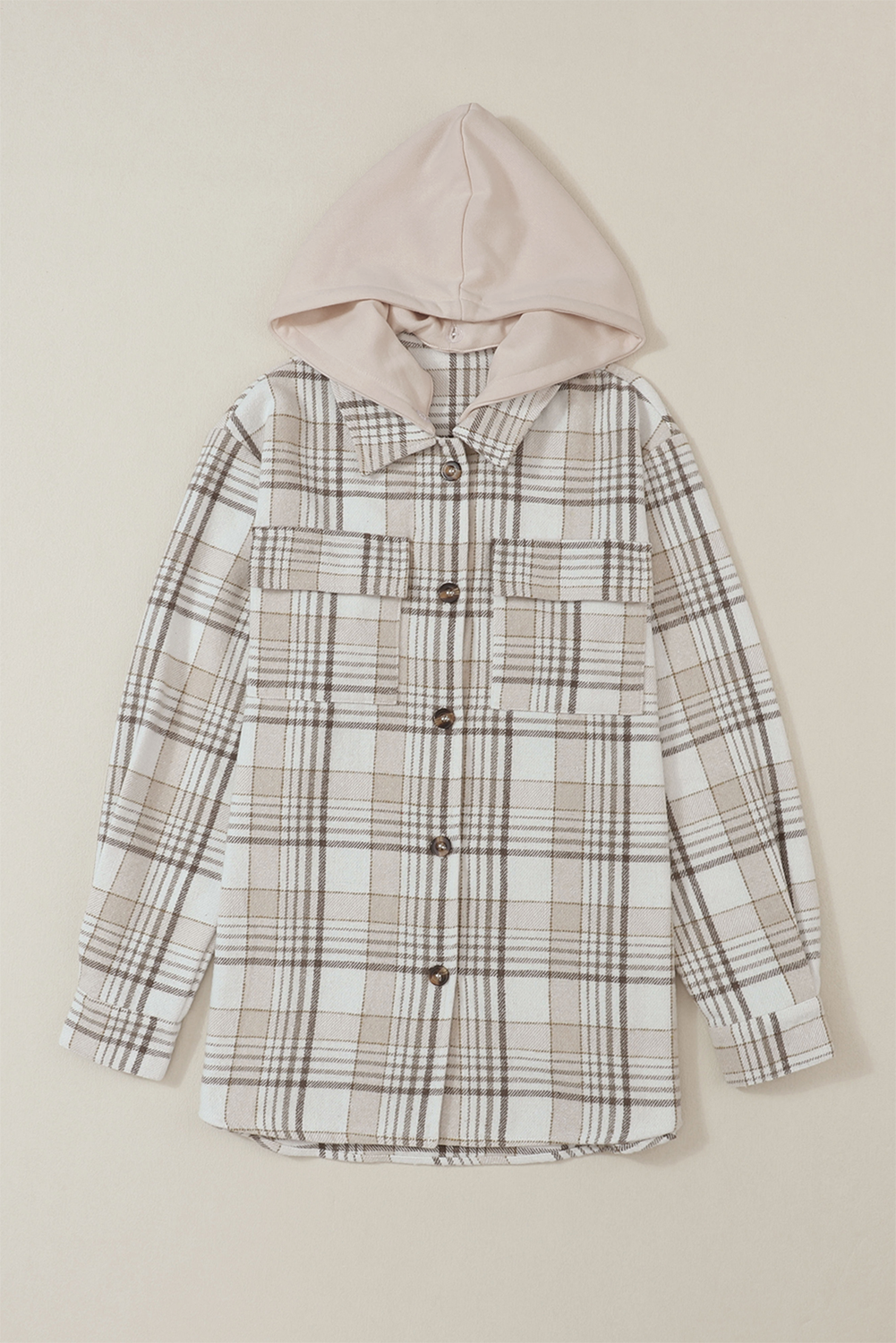 Khaki Plaid Removable Hood Buttoned Shacket Plaid Shackets JT's Designer Fashion
