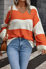 Orange Stripe Loose Color Block Drop Shoulder Bubble Sleeve Sweater Sweaters JT's Designer Fashion