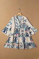White Printed Tribal Bracelet Sleeve Buttoned Mini Dress Mini Dresses JT's Designer Fashion
