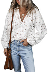 White Eyelet Embroidered Puff Sleeve V Neck Blouse Blouses & Shirts JT's Designer Fashion